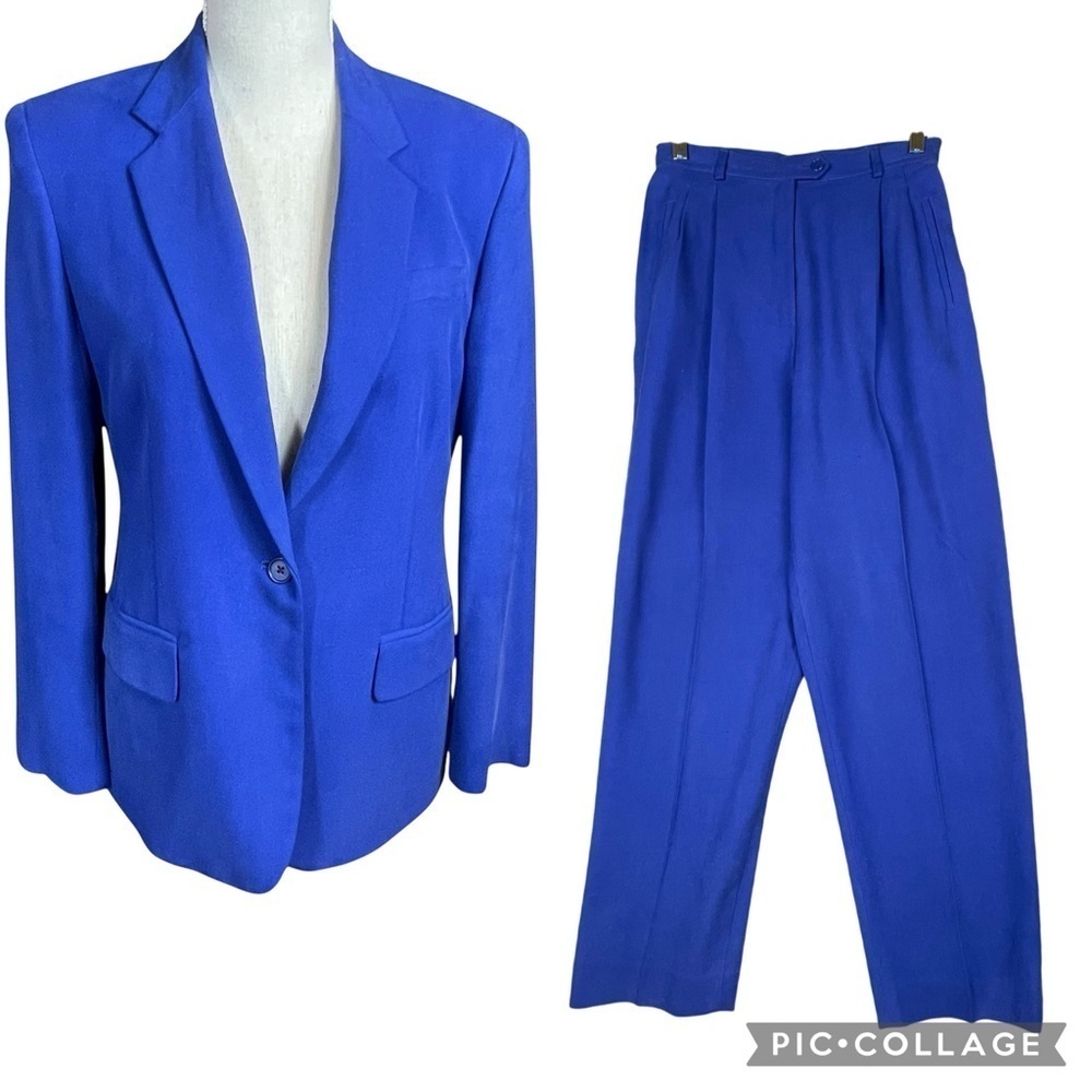 Lauren Ralph Lauren Blue Silk Professional Sophisticated Blazer & Pant Set Sz 8P